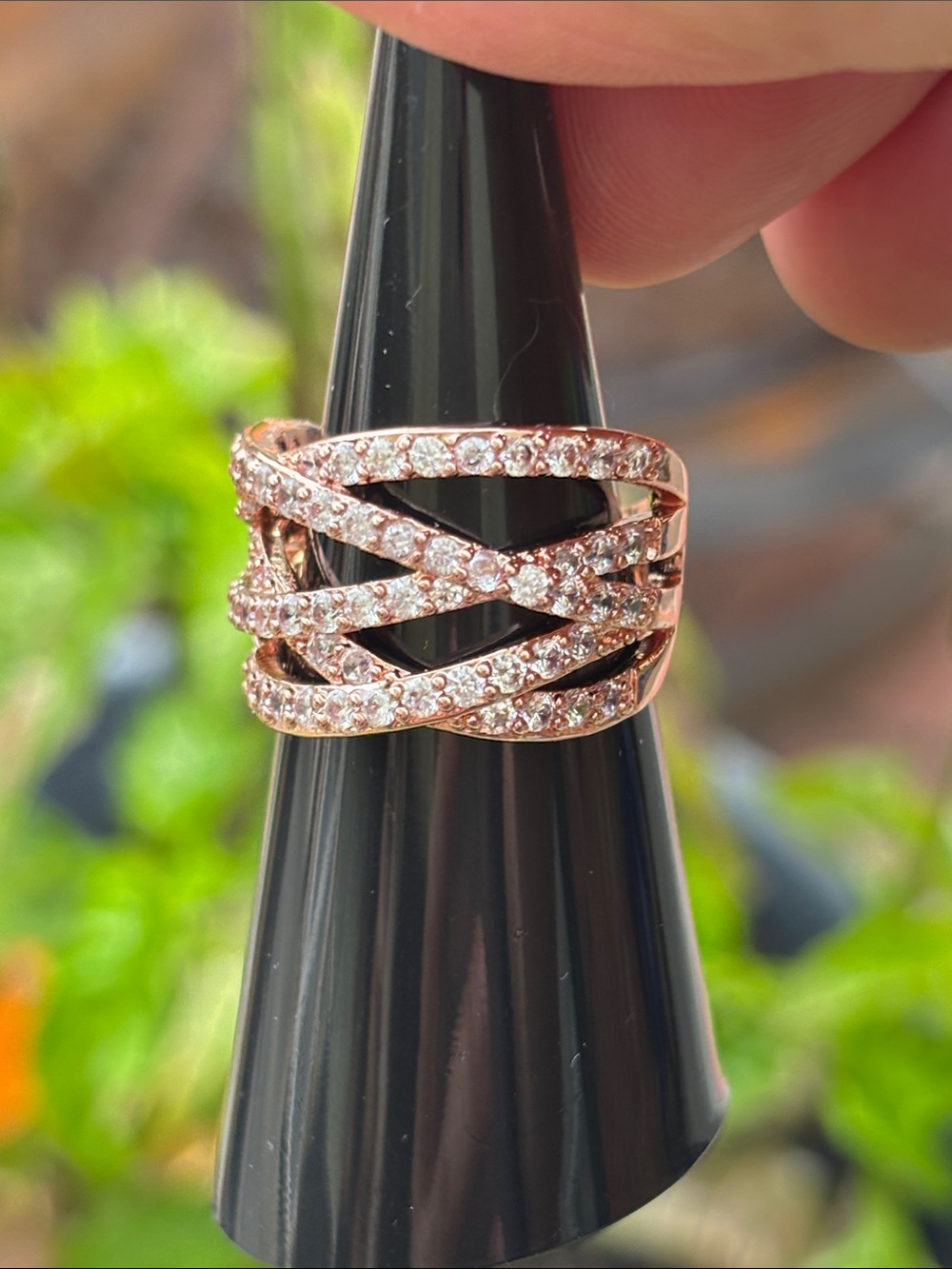 Rose-Tone Crisscross Pave Band Ring with Clear Stones